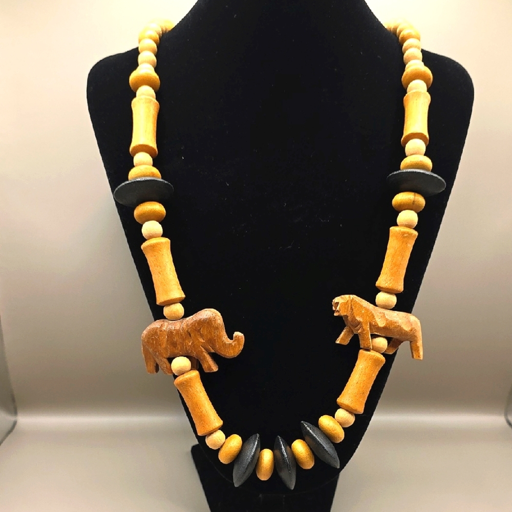 Vintage Carved Wooden Safari Motif Long Necklace